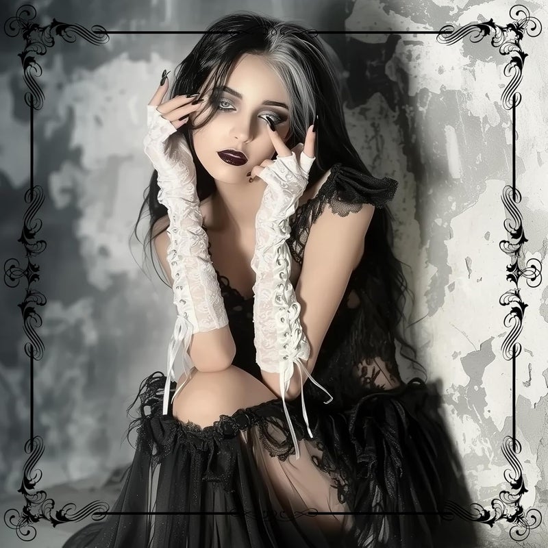 RainFlowwer Fingerless Gloves Steam Punk Goth Witch Long Elbow Arm Warmer Lace Sleeves for Costume Party Halloween Cosplay - Image 2